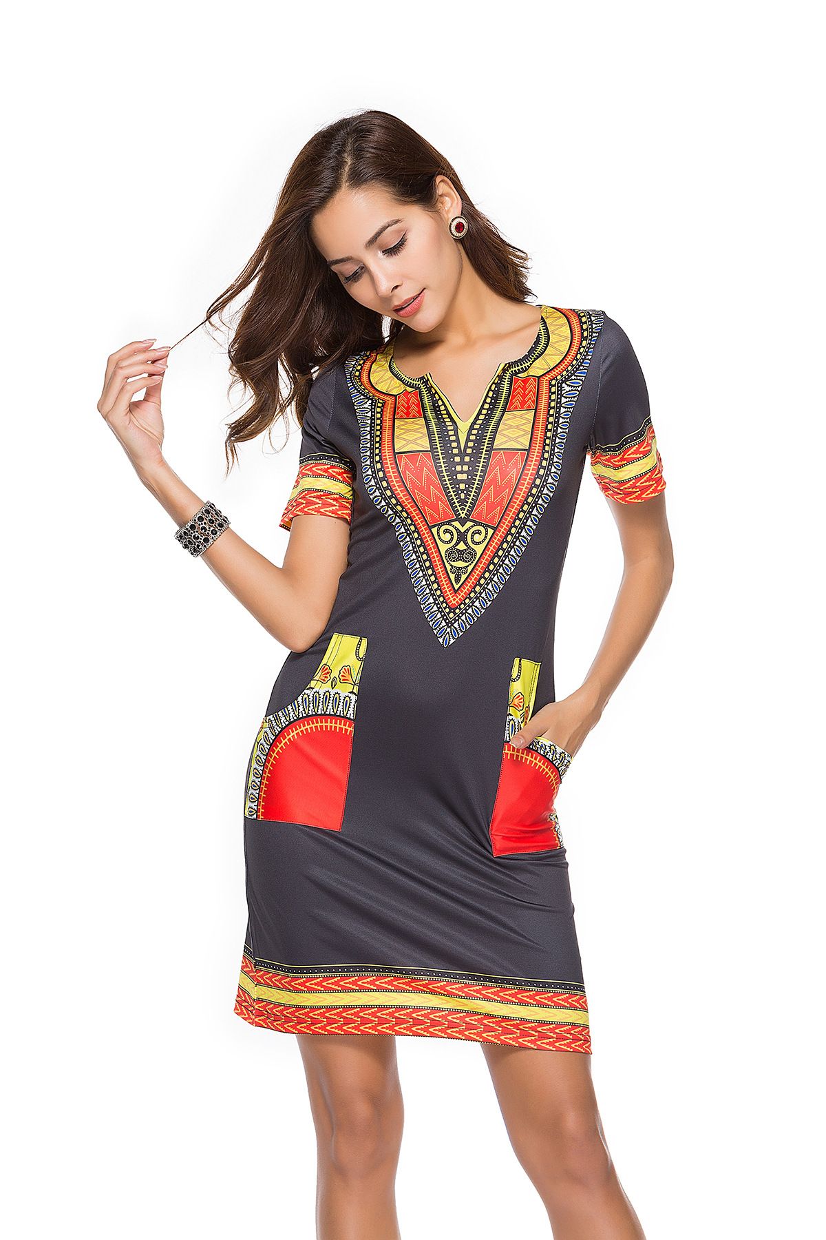 African style mini dress with V-neck