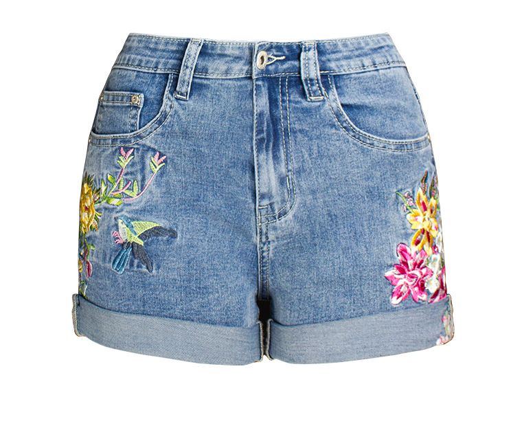 Stretch denim shorts with embroidered flower