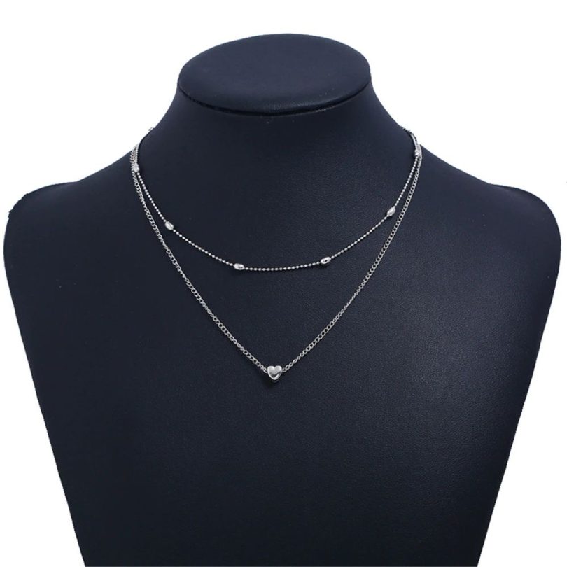 Double silver heart chain necklace